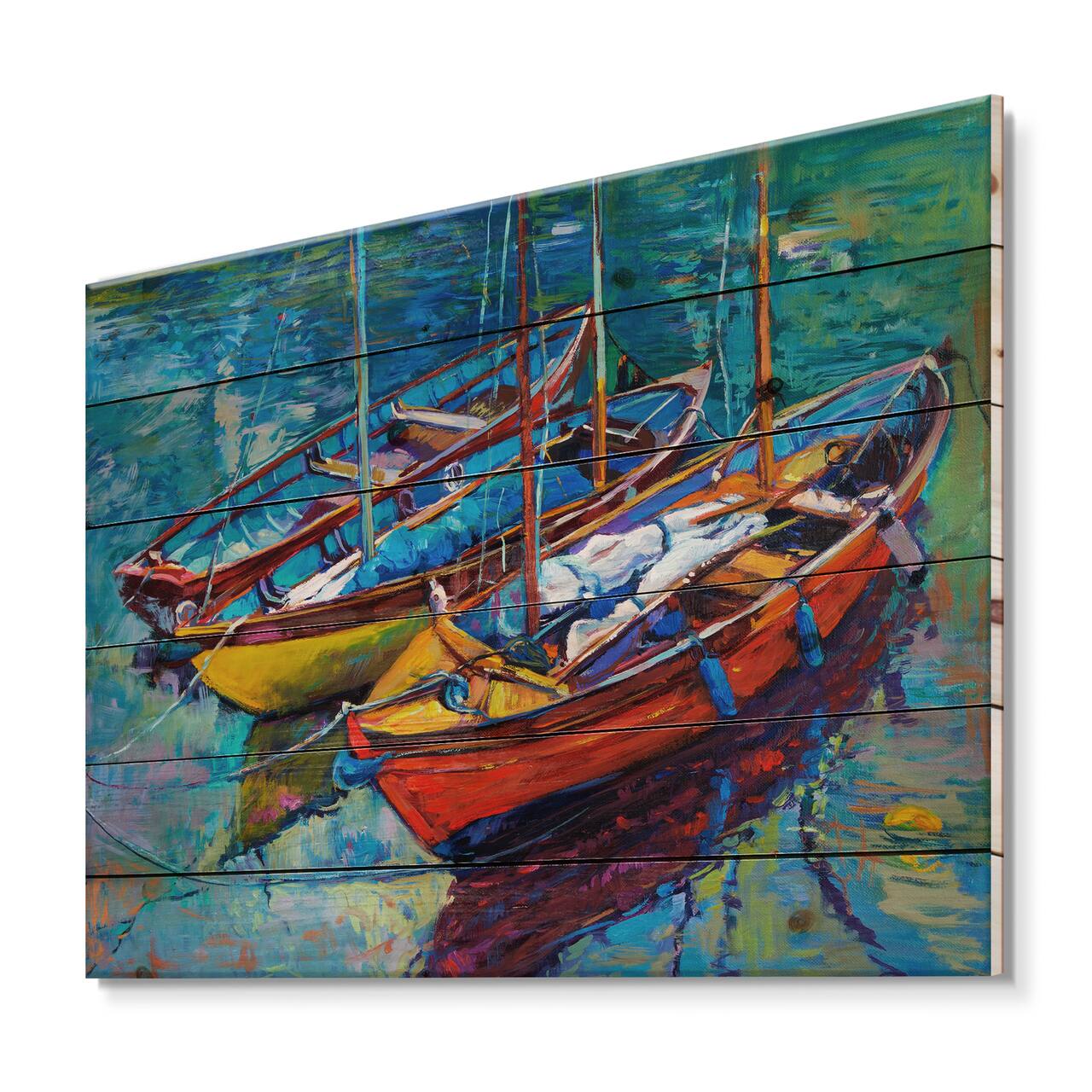 Designart - Three Boats In The Harbor - Nautical & Coastal Print on Natural Pine Wood